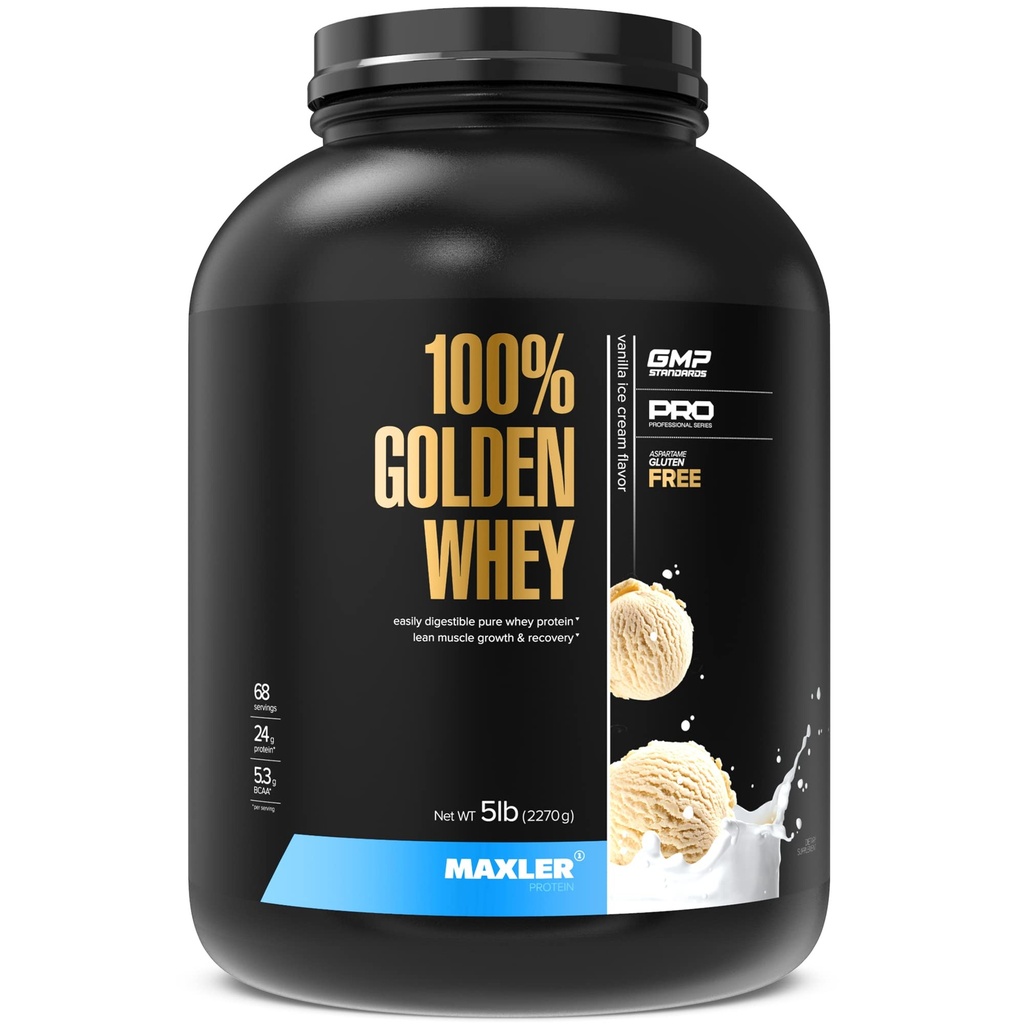 Maxler 100% Golden Whey Protein - 24g de Proteína por Servir - Premium Whey Protein Powder para Pre Post Workout - Fast-Absorbing Whey Concentrate, Isolate & Hydrolysate Blend - Vanilla Ice Cream 5 lb