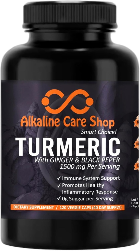 Cuidado alcalino tóxicoTurmeric Curcumin Suplemento 1500mg con Turmérico orgánico, Ginger &amp; Black Pepper for Best Absorption ←Non-GMO TEN Joint &amp; Healthy Inflammation Response Support (120 Veggie Capsules)