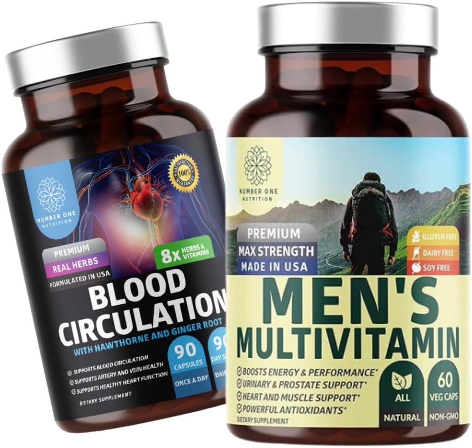 Número 1 Nutrición N1N Premium Hombres Multivitamínicos diarios [Vitamins A C E D, Magnesio, Zinc] y Suplemento de Circulación de la Sangre [8 potentes hierbas & vitaminas], 2 Pack Bundle