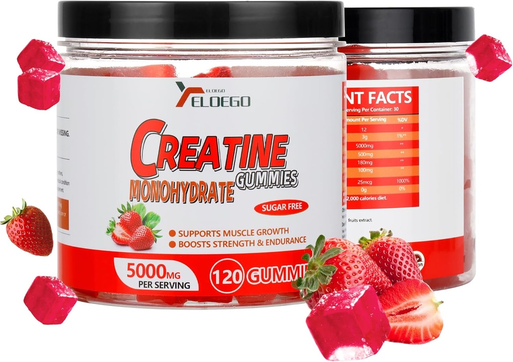Cretina Monohydrate Gummies 5000mg Azúcar gratis para hombres &amp; mujeres, con L-Taurina + vitamina B12 para la fuerza muscular, constructor de músculos, energía eléctrica, suplemento de preparación, fresa, 120 Conde