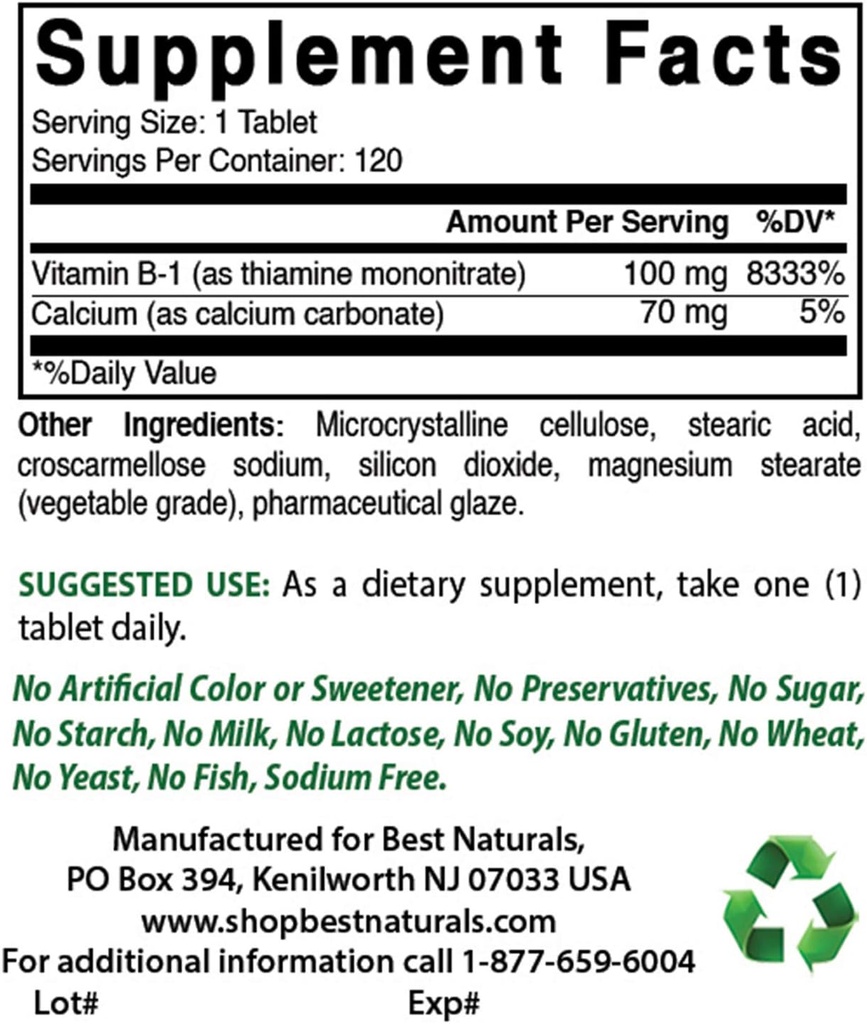 Mejores Naturales Vitamina B1 como Mononitario de Thiamine 100 mg &amp; Vitamina B-6 25 mg