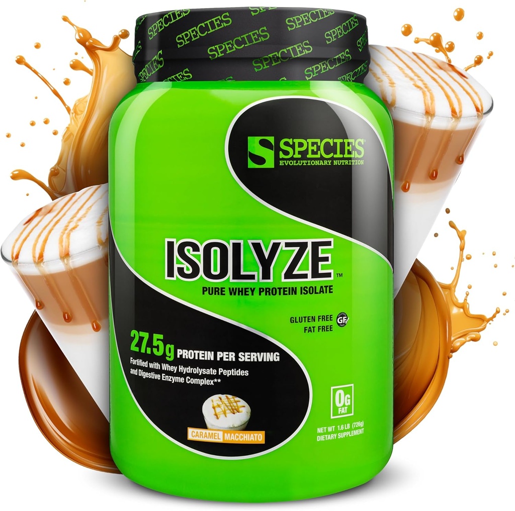 Especies Nutrición Isolyze Whey Protein Powder, 100% Whey Isolate for Muscle Building, 27.5g Protein Por Scoop, No Sugar & Low Fat (Caramel Macchiato, 22 Servings)