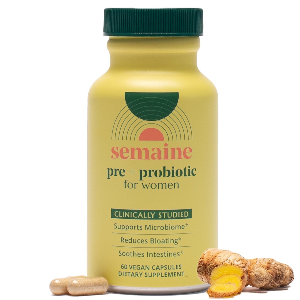 Prebiótico Semaine Super Powered + Probiótico para Mujeres, Fórmula Multi-Acción efectiva de 3-en-1 a Nourish Gut Health, Soothe IBS, Apoyo Bloat Relief & Immunity Boost, Clinically-Studied (60 ct)