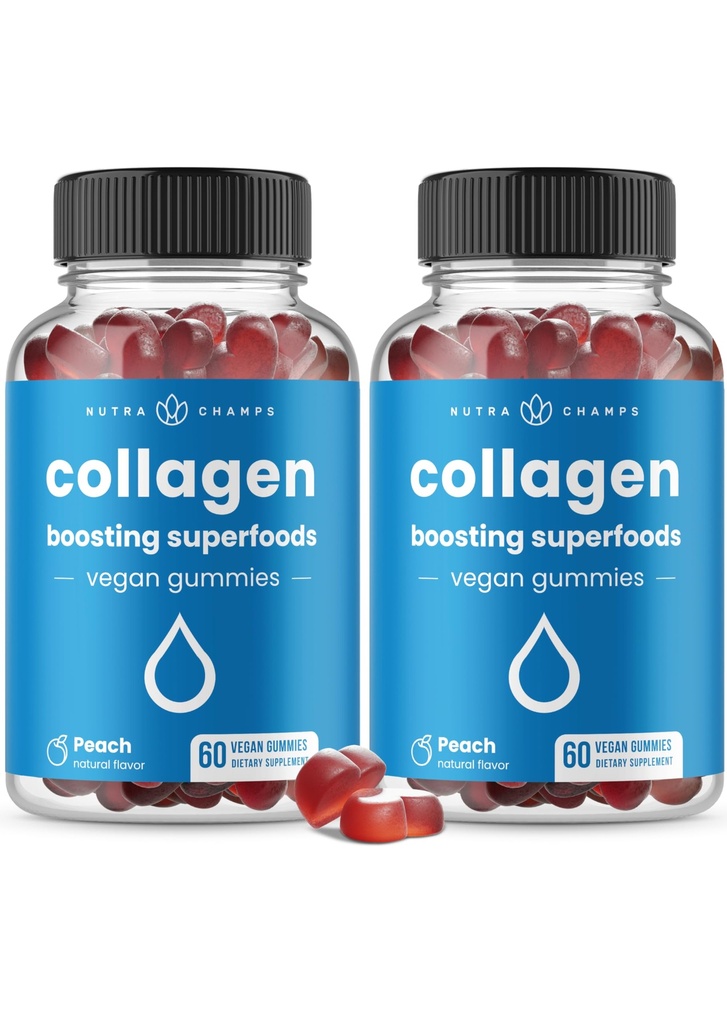 NutraChamps Collagen Boosting Gummies, Collagen Booster Gummy for Natural Collagen Production, Vegan Pectin Supplements Chews for Women &amp; Men, 60 Peach Gummies (Pack of 2)