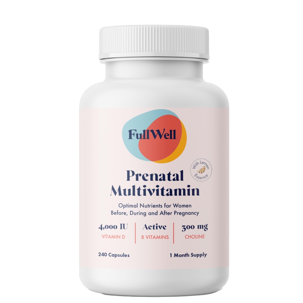 FullWell Prenatal Vitaminas Lemon tención choline, folate, vitamina D para el crecimiento fetal, desarrollo del cerebro  26 Nutrientes vitales ← Dietitian-formulated, OBGYN recomendó, non-GMO, 3er Partido probado, 30 Servimientos