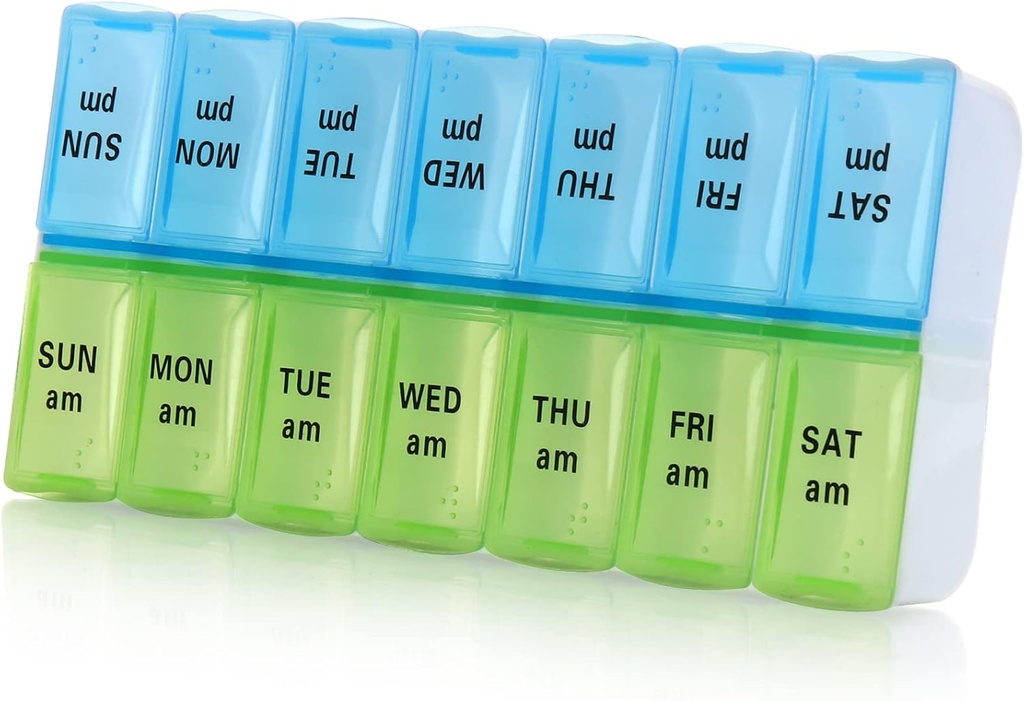 7 días organizador semanal de píldoras, organizador de píldoras diarias Large 2 veces al día, caso de pilas de la mañana, contenedor de píldoras de día 7 día 14 Compartimientos para píldoras Vitamina medicamentos (Blue+Green)