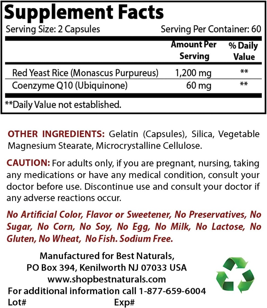 Mejores Naturales Rice de levadura roja con CoQ10 & Niacin 500 mg