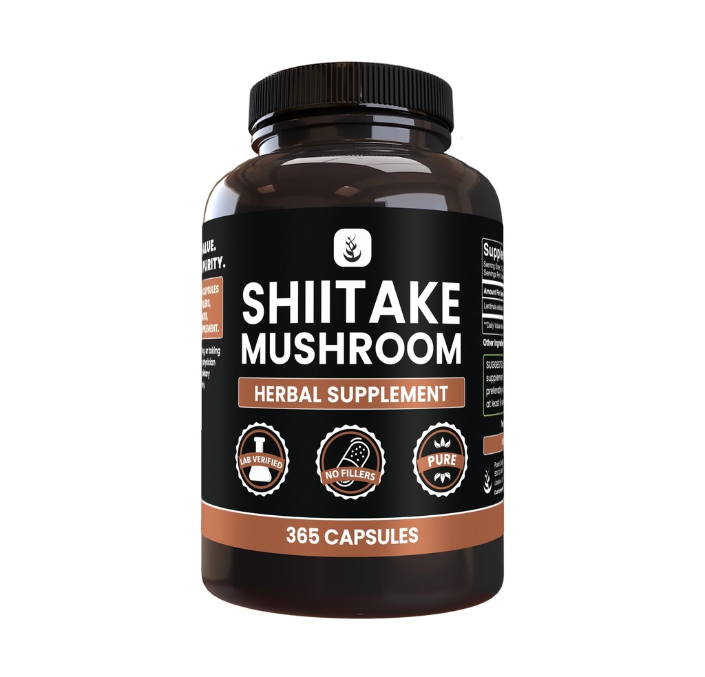 PURE ORIGINAL INGREDIENTES Shiitake Mushroom (365 capsules), No Magnesio O Rice Fillers, Siempre Puro, Lab Verificado