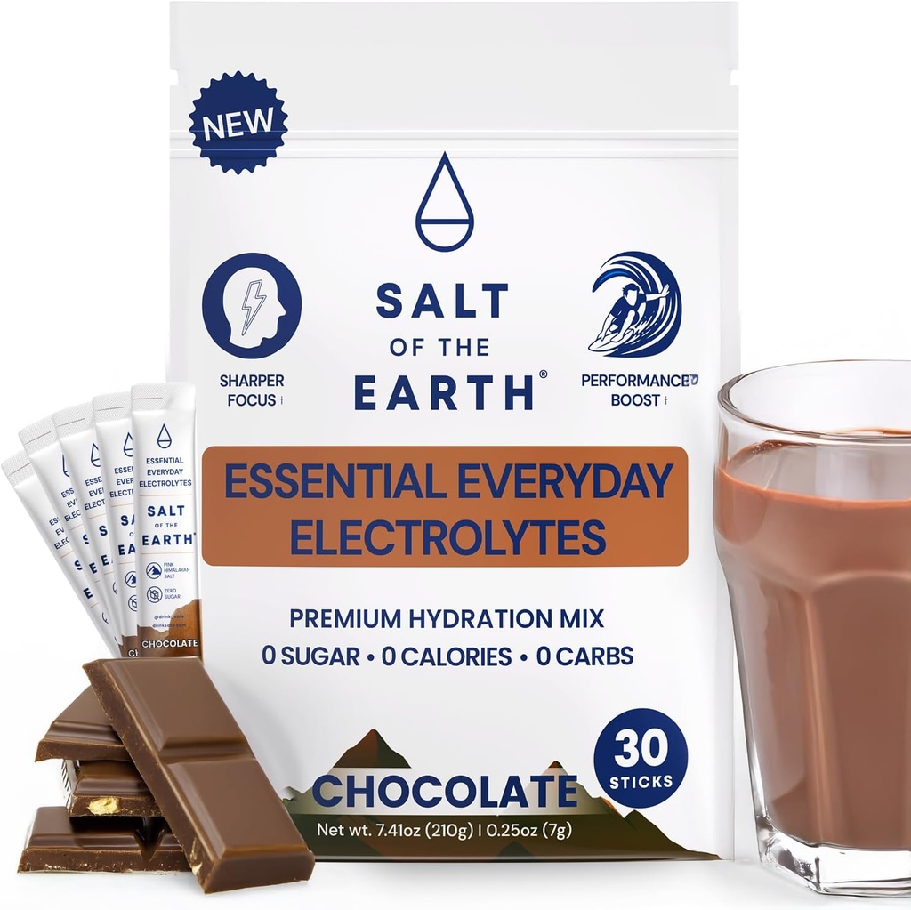 Salt of the Earth Premium Zero-Sugar Electrolyte - Hecho con Himalaya Rosa Salt - Hydration Powder Packets ← Premium Ingredientes ← Keto & Paleo Friendly tención 30 Sticks, Chocolate