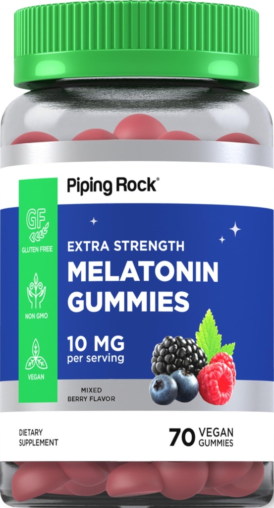 Piping Rock Melatonin Gummies 10mg  70 Cuenta ← Berry Flavor Suplemento Silencio Vegan, Non-GMO, Gluten Free