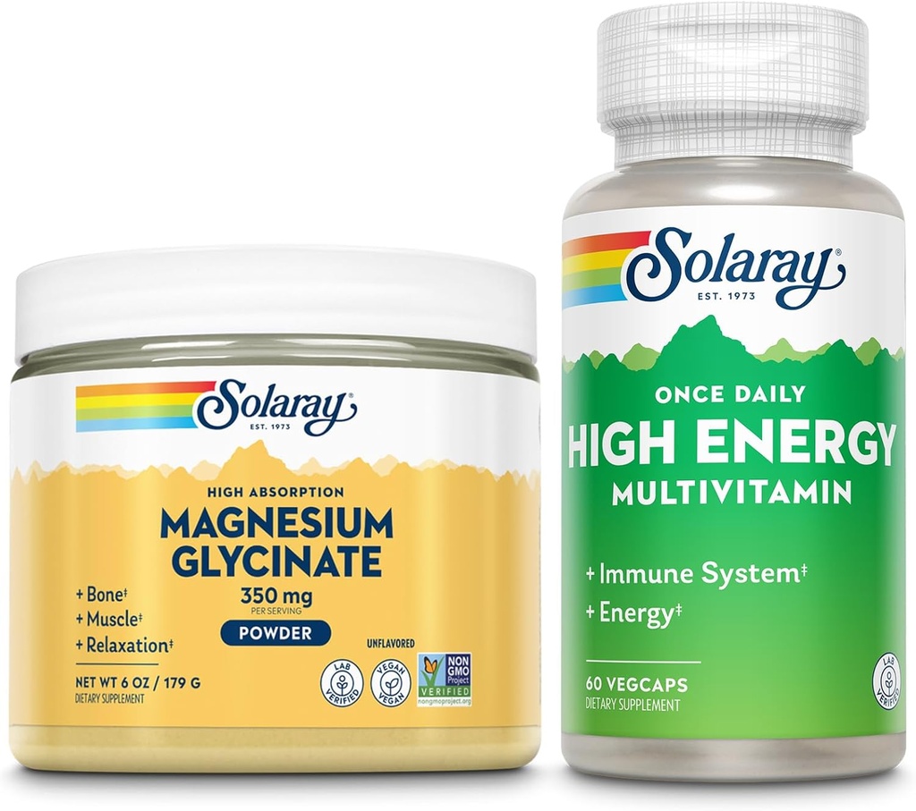 SOLARAY Magnesium Glycinate Powder 350mg y High Energy Multivitamin Bundle - Magnesio Chelated y una vez Multi - Bone Health, Muscle, Heart and Immune Support, 60-Day Guarantee, 6oz/60ct