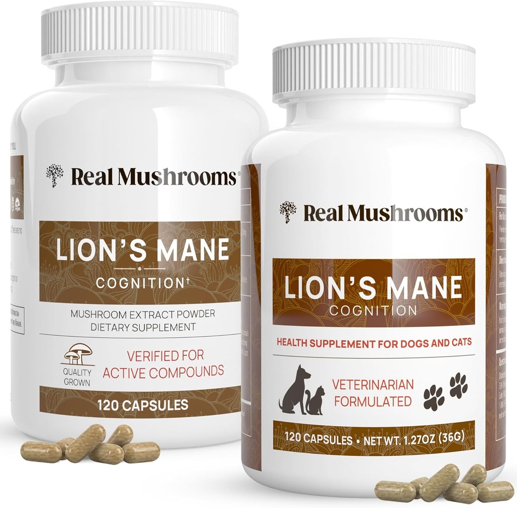 Real Mushrooms Lions Mane for Humans (120ct) and Pets (120ct) - Bundle for Cognition & Immunity - Vegan, Non-GMO, Gluten-Free, Grain-Free Mushroom Extract Suplementos