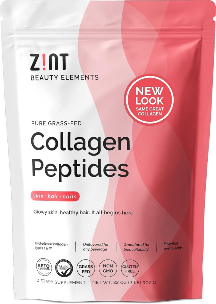 Péptidos de colágeno Zint (32 oz): Paleo-Amén, Keto-Certified, Grass-Fed Hidrolyzed Collagen Protein Supplement - Unflavored, Non GMO