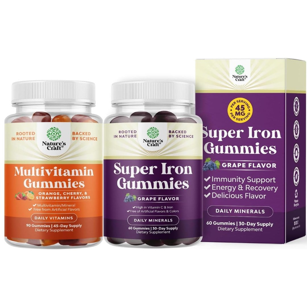 Bundle of Multivitamin Gummy with B12 Biotin with Zinc &amp; Vitamin D and Extra Strength Iron Gummies for Women and Men - Potent 45mg per Serving Chewable Iron Supplement for Women and Men with Vit C
