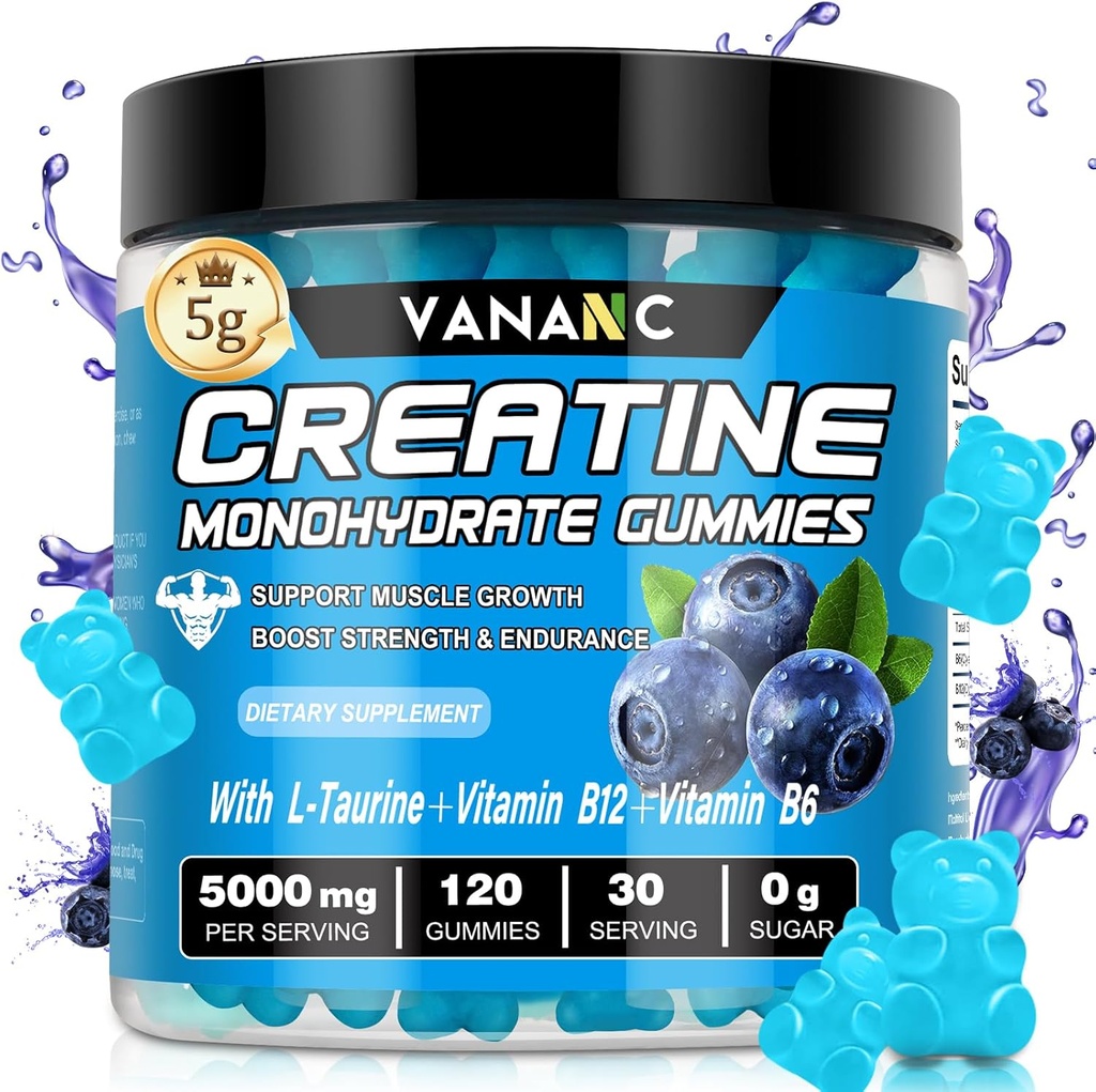 Cretina Monohydrate Gummies 5000 mg para Hombres &amp; Mujeres, Azúcar Gratis,Low en Calories,con L-Taurina + Vitaminas para el aumento de la fuerza muscular