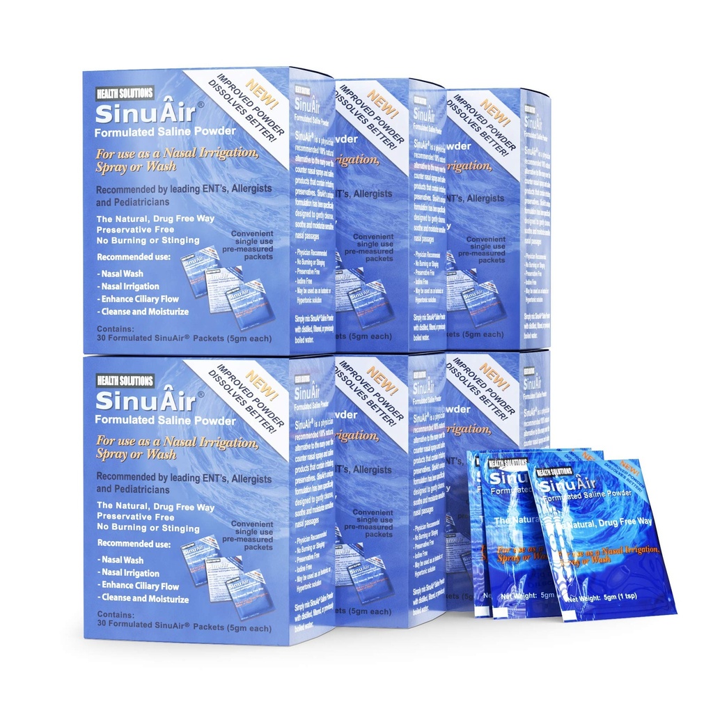 SinuAir Sinus Rinse Salt Solution - Saline Powder for SinuPulse System, Neti Pot Flush, Nasal Wash Squeeze Bottle, " Nose Irrigation, Enhanced Formulation " Cleaning for Sinuses, 180 Packets