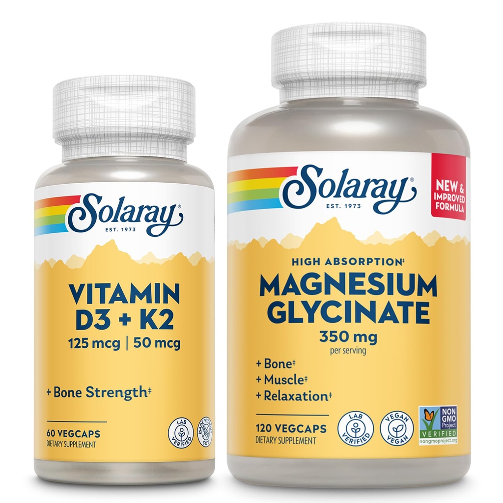 SOLARAY Vitamina D3 K2 y Magnesium Glycinate - Bone Health Bundle - Calcium Absorption, Nerve, Heart and Immune Support w/ 5000 IU Vitamina D, 350mg Magnesio Chelated, 60-Day Guarantee, 60ct/120ct