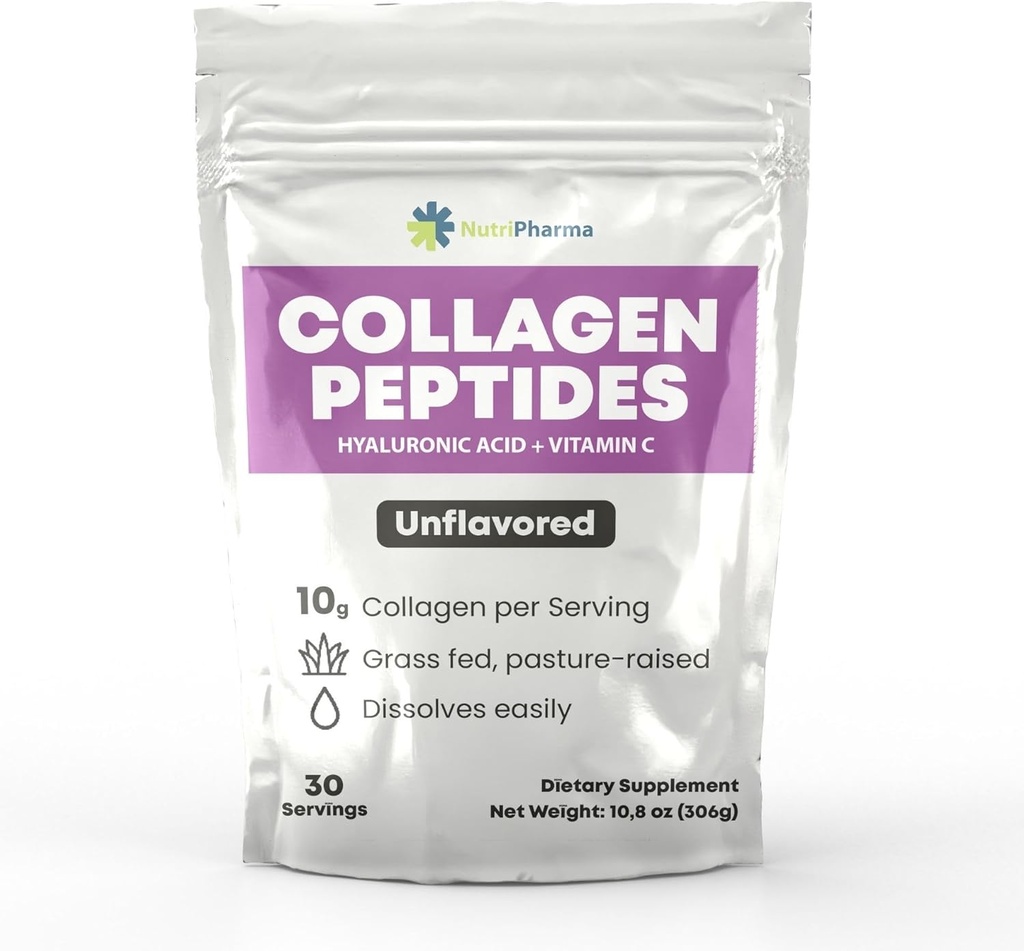 Péptidos de colágeno Polvo con ácido hialurónico y vitamina C, promueve el cabello, la uñas, la piel, el hueso y la salud conjunta, la pólvora de colágeno de sabor, 30 piezas, 10,8 oz