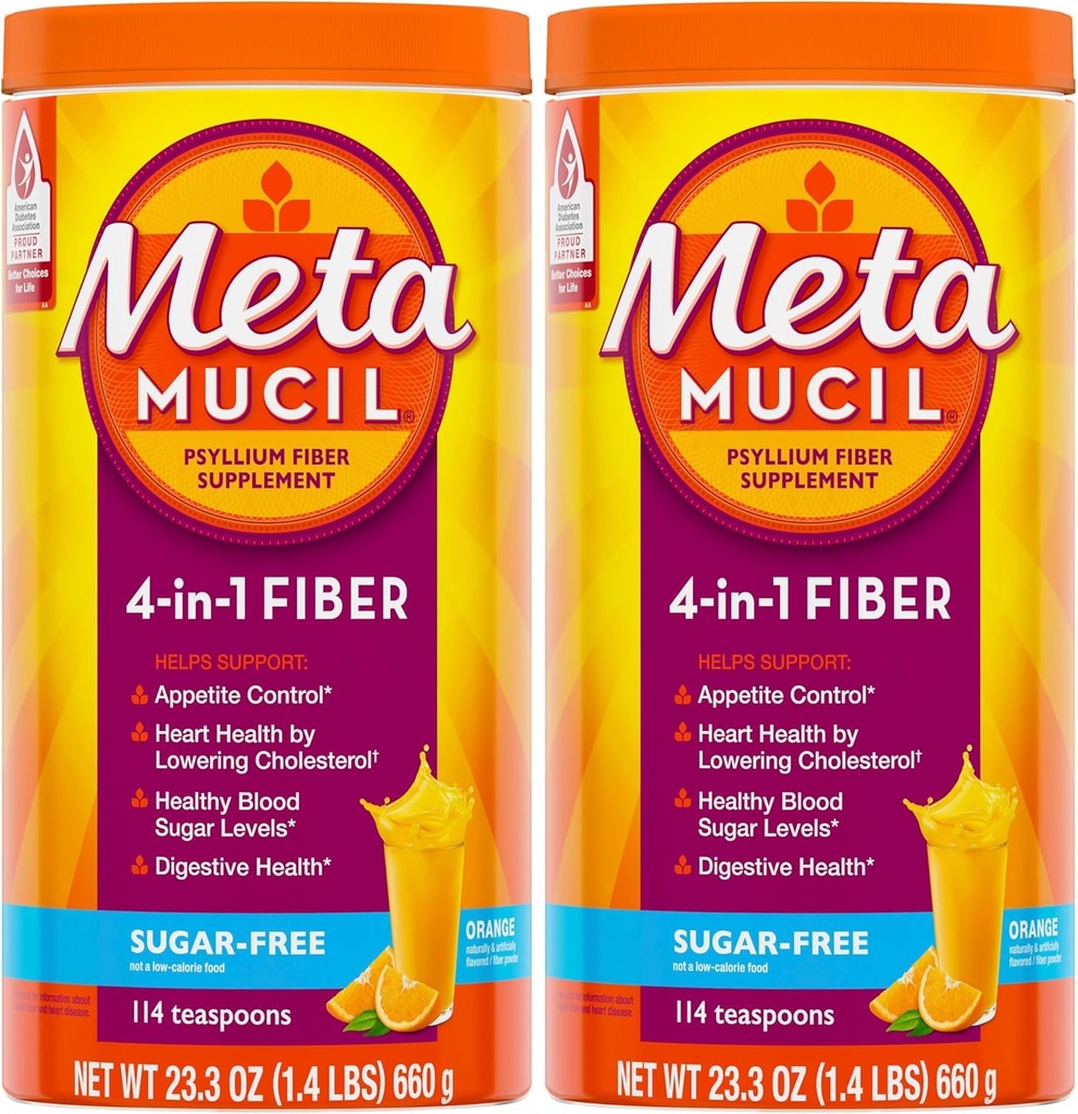 Metamucil, Suplemento de polvo de husillo diario de Psyllium, Polvo libre de azúcar, fibra 4 en-1 para la salud digestiva, Bebida sabor a naranja, 114 cucharaditas, 1.4 libras (Pack of 2)