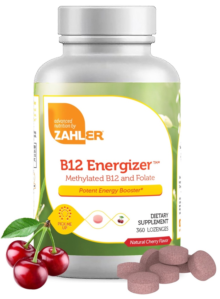 Zahler Energizer - Folate y B12 Suplemento - Fast Dissolving Cherry Flavor Lozenges Dual Vitamin Methylated B12 &amp; Folate Suplemento con 1360 mcg Folic Acid (360 Conde)
