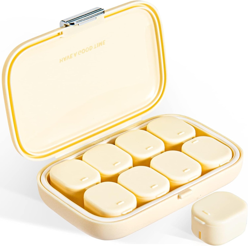 Daily Pill Organizer, 8 Compartments Portable Pill Case, Moisture-Proof Pill Case, Pill Dispensers, Travel Pill Container, to Hold Vitamins Pills Cod Liver Oil Regular Tablets (Cream White)