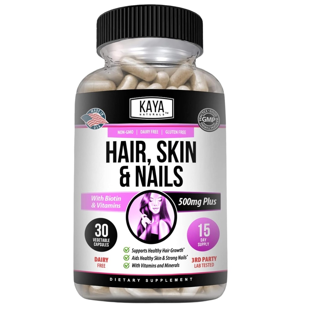 Kaya Naturals Pelo Piel Piel Capsules con Biotina - Peluquería y Vitaminas de la Piel, Vitamina D Vitamina B-12 A Folic Acid Support, Peluquería Suplemento Vitamina para Peluquerías Nails- 30 Conde