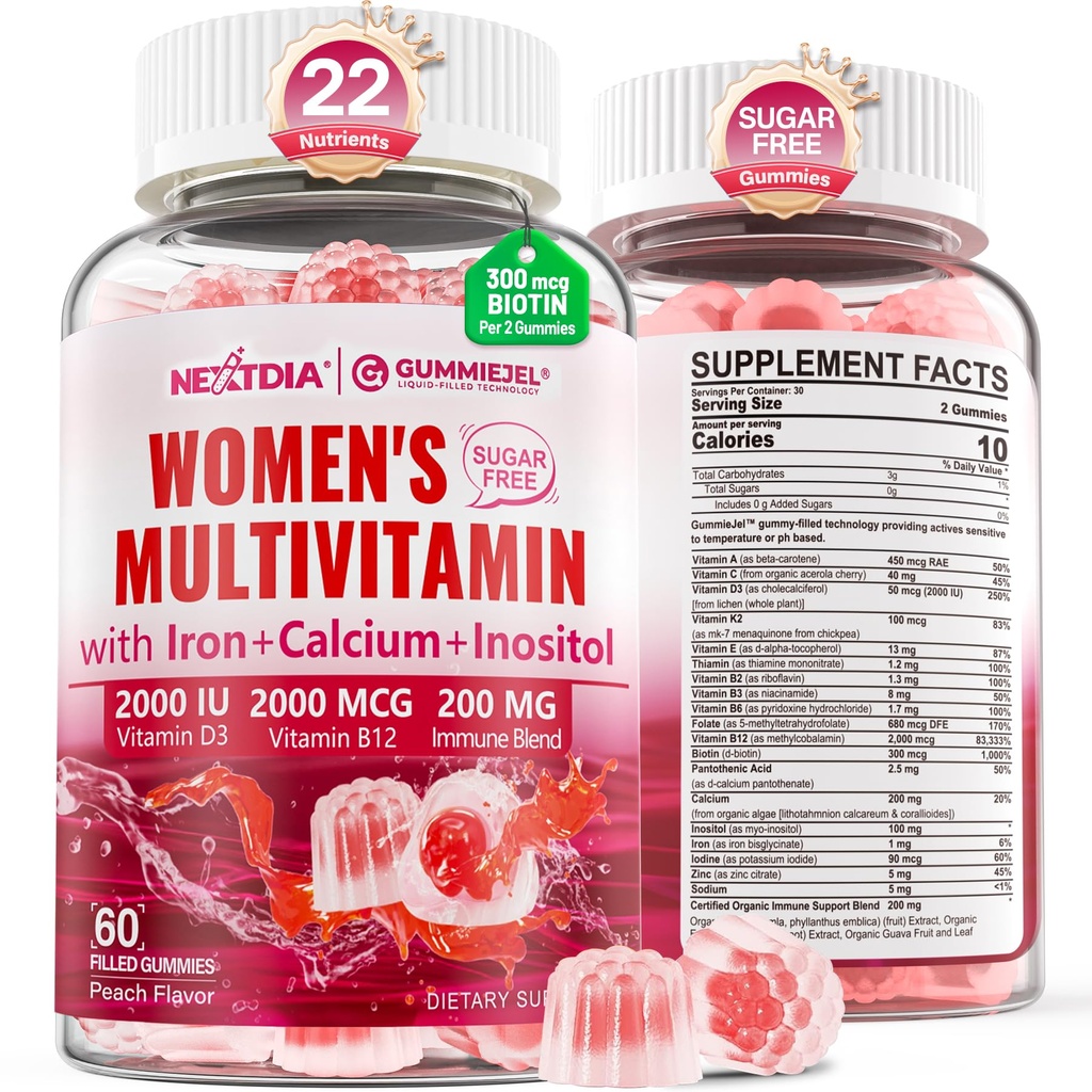 Multivitamina metilada para mujeres Gummies, Calcio, D3 K2, Methylfolate & B12, Inositol, Vitamina diaria A, C, E, Complejo B, Biotina, Hierro - Energía, Inmune, Hueso, Piel, Pelo - Vegan, Azúcar Gratis, 60 Condes