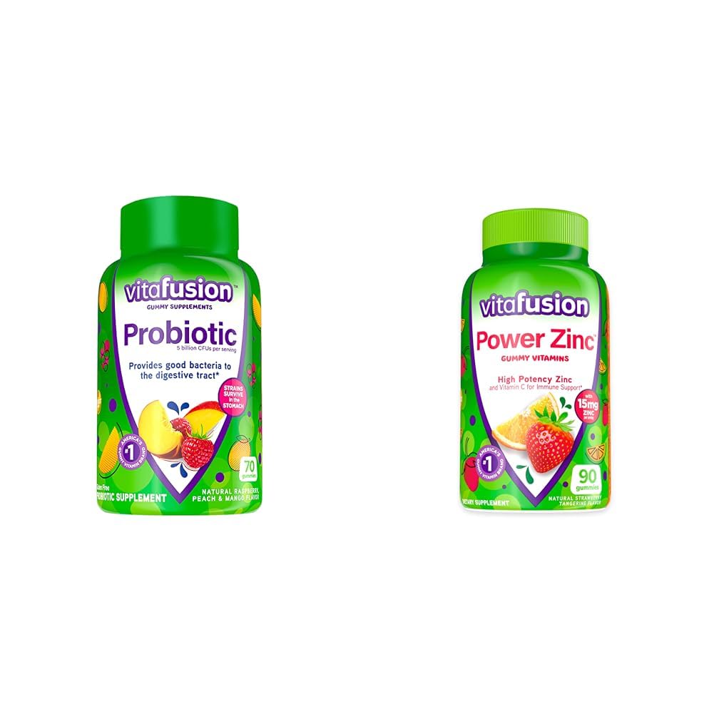 Vitafusion Probiotic Gummy Suplementos, Raspberry, Peach y Mango Flavors, 35 Day Supply, 70 Conde Power Zinc Gummy Vitaminas, Strawberry Tangerine Flavored, 90 Condes