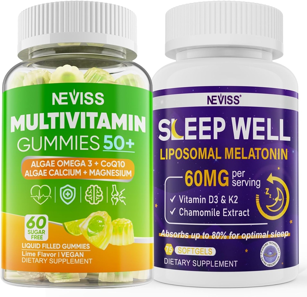 NEVISS Mujer & Hombres 50+ Multivitamin Gummy y Melatonin 60mg Bundle