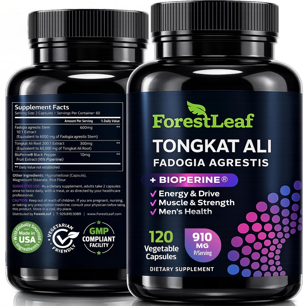Tongkat Ali y Fadogia Agrestis para Hombre Suplemento w/BioPerine - Tonkat-Ali Max Strength 200:1 Extracto - Long Jack Tongkat-ali para Hombre - Crecimiento muscular, rendimiento & energía - 120 cápsulas de polvo