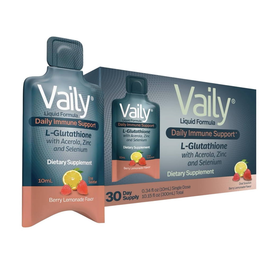 Suplemento de Apoyo Vaily Immune para Adultos - Glutatione Líquido Suplemento 860 mg w/Acerola Vitamina C Zinc &amp; Selenium - Antioxidante de alta potencia, salud de la piel, detox cada día - 30 Viales de dosis única
