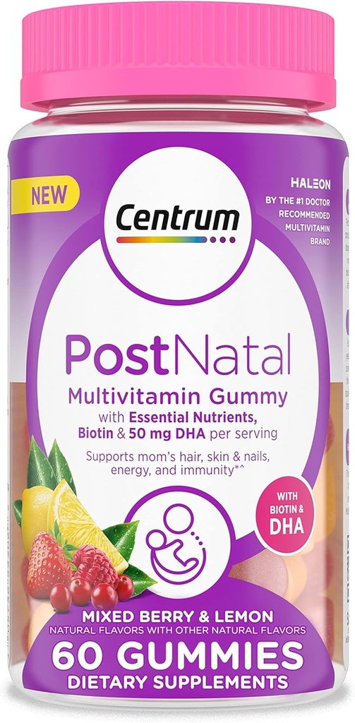 Centrum Mangas multivitamínicas posnatales con biotina y DHA, Berry mixto y sabores de limón - 60 cuenta, 30 días de suministro