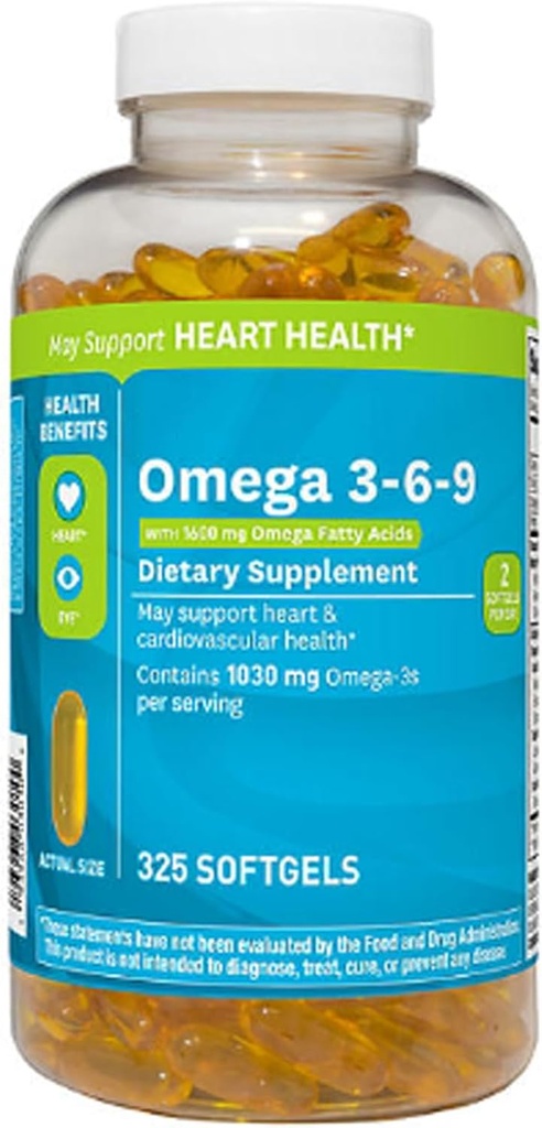 Omega 3-6-9 Suplemento dietético (325 ct.) - Promover la función visual y la salud de los ojos - CorazÃ3n de apoyo, salud cardiovascular, piel sana, cabello y salud general (Omega 3-6-9)