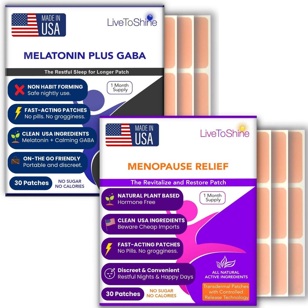 Menopause Relief and Melatonin Sleep Patch Bundle - 2 Packs - Hot Flashes, Night Sweats, Mood Swings Relief Plus Restful Sleep Patches - 30 Day Supply Por Pack (60 Patches) - USA Hecho por Live To Shine