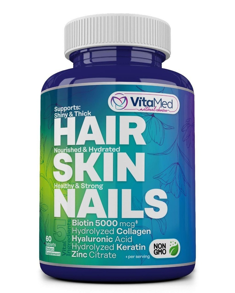 VitaMed Hair, Skin & Nails – Biotin 5000 mcg, Collagen, OptiMSM, Keratin, Hyaluronic Acid &amp; Silica ← Soporta el crecimiento del cabello, la piel radiante, uñas fuertes ← Halal, no Gluten-Free – 60 tabletas de belleza