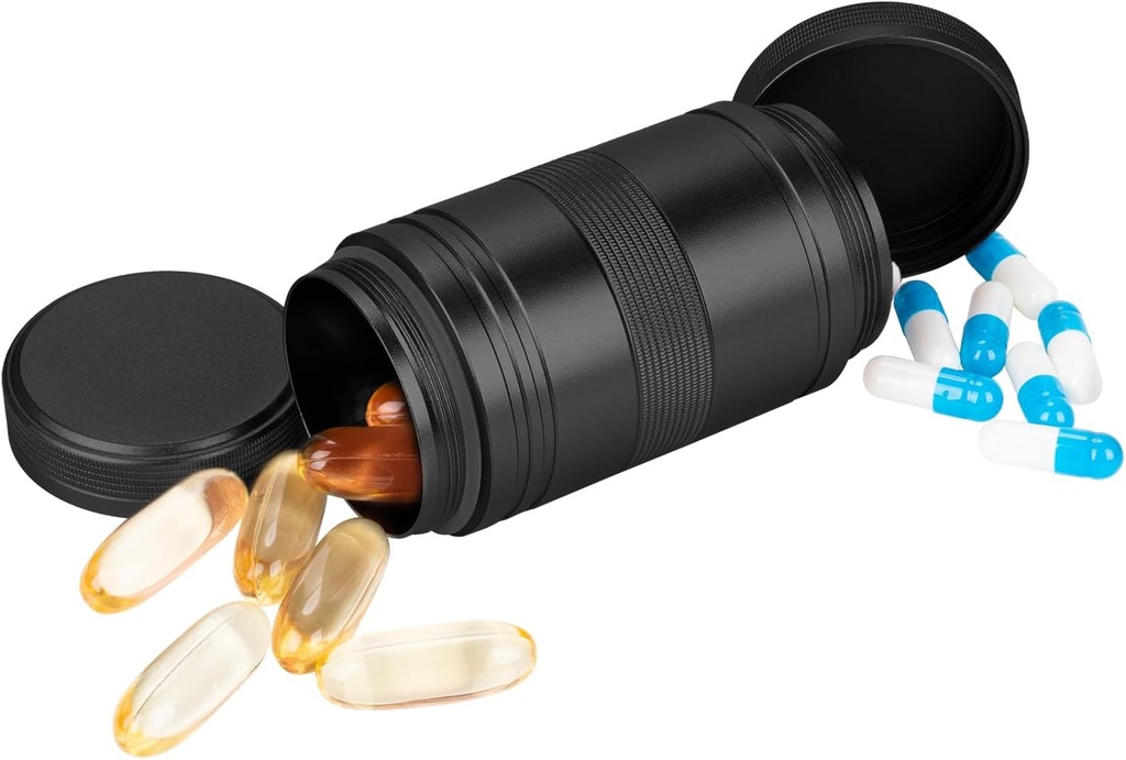 Metal Pill Box 2 veces al día - Portable Waterproof Small Pill Case (AM PM), Travel Daily Pill Container, Compact Pill Holder Medicine Organizer for Pills/Vitamin/Fish Oil/Supplements, Black