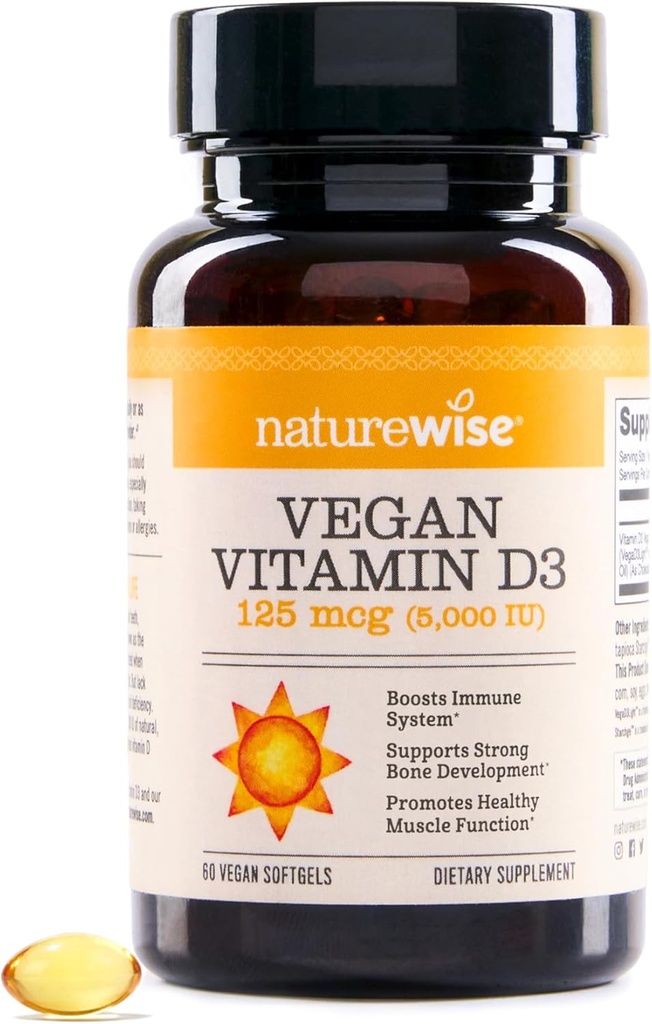 NatureWise Vegan Vitamina D3 5000iu (125 mcg) Orgánica D3 de Lichen - Soporta Immune, Muscle, Bone Health - Alta Absorción con Aceite de Oliva Cold Presionado Orgánico - No GMO - 60 Softgels[2-Month Supply]