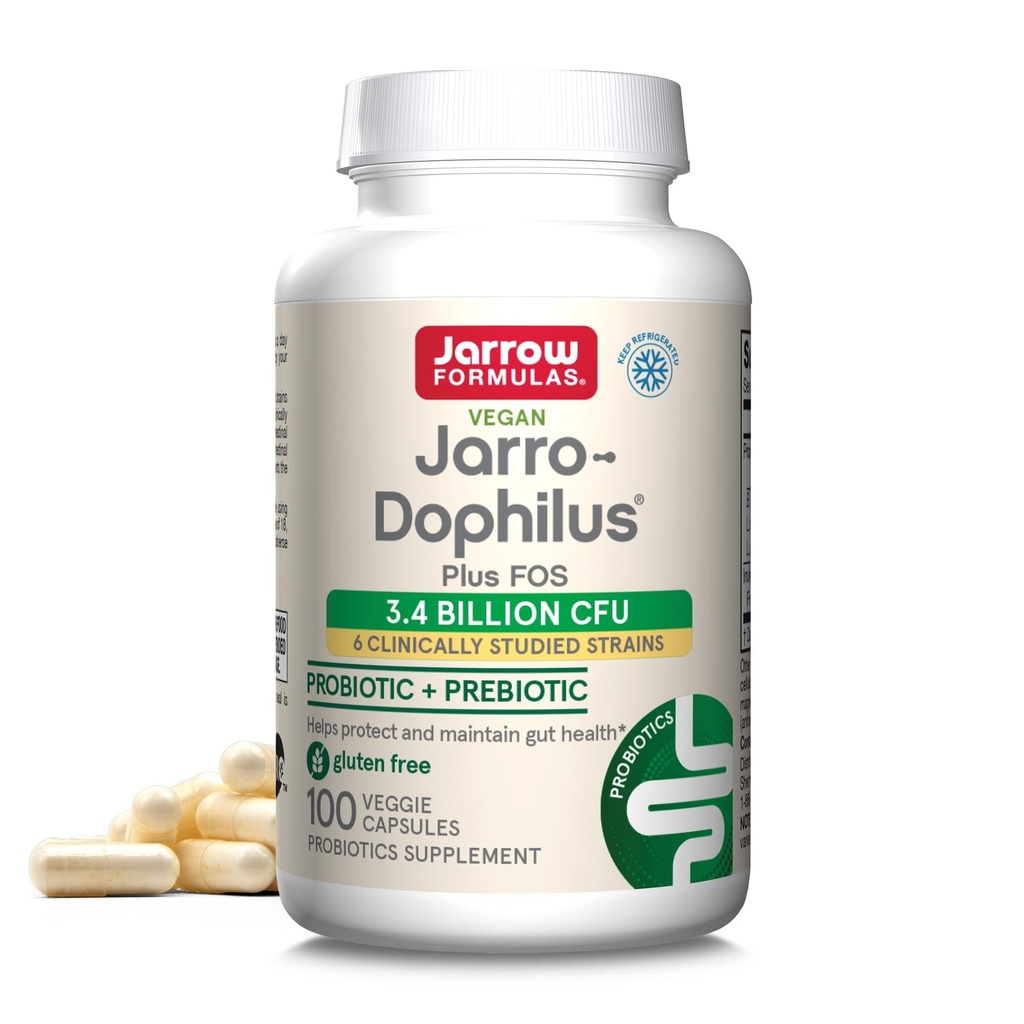Jarrow Formulas Jarro-Dophilus + FOS - 3.4 Billion Organisms Por Serving - 100 Veggie Caps - Prebiotic &amp; Probiotic - Nutritional Support to Beneficial Bacteria - Hasta 100 Servings