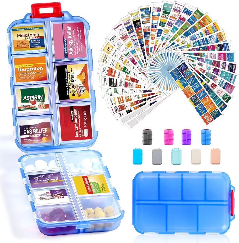 14 Grids Travel Pill Organizer Box con 415-Pcs Medicine Name Labels - Pocket Daily Pharmacy Case Container Kit - dispensador de medicamentos de viaje para el almacenamiento de vitaminas de aceite de pescado - azul claro