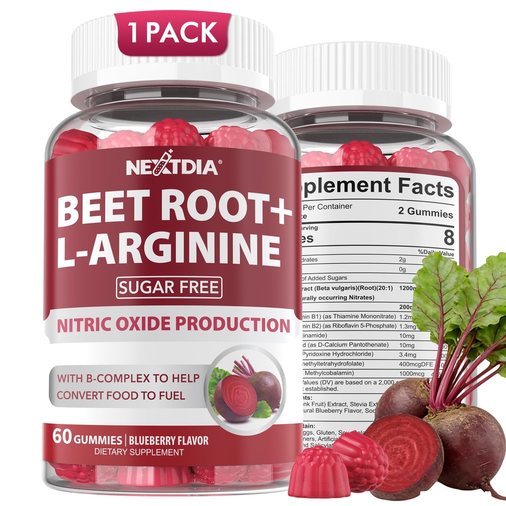 Beet Root Gummies " L-Arginine, Nitric Oxide Supplements for Men " Women w/Organic Beets, B1, B2, B3, B5, B6, Folate, B12 for Energy Boost " Circulation Support, Sugar Free, 60 Cts