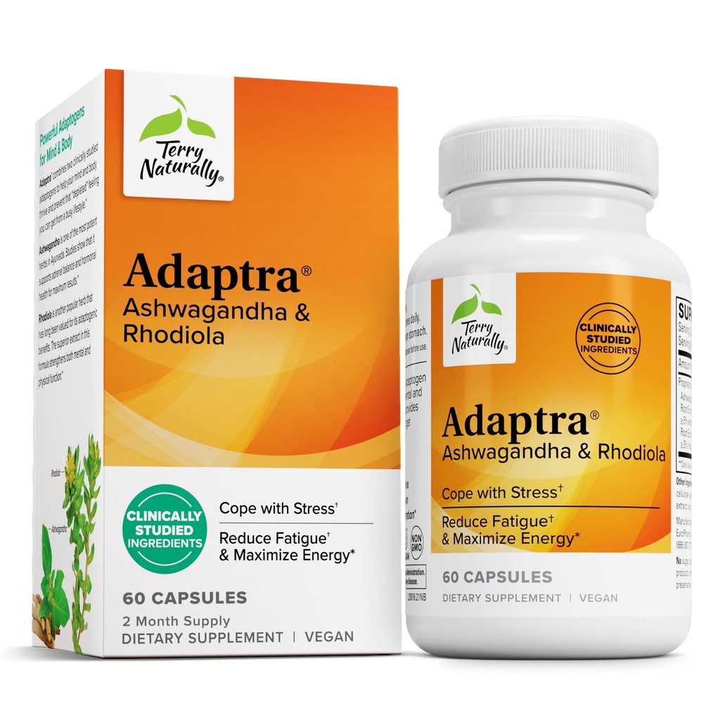 Terry Naturalmente Adaptra - Suplemento de Apoyo Salud Adrenal - Suplemento Ashwagandha con Rhodiola Rosea Extracto - Suplemento Herbal de Apoyo Energía & Concentración - 60 cápsulas