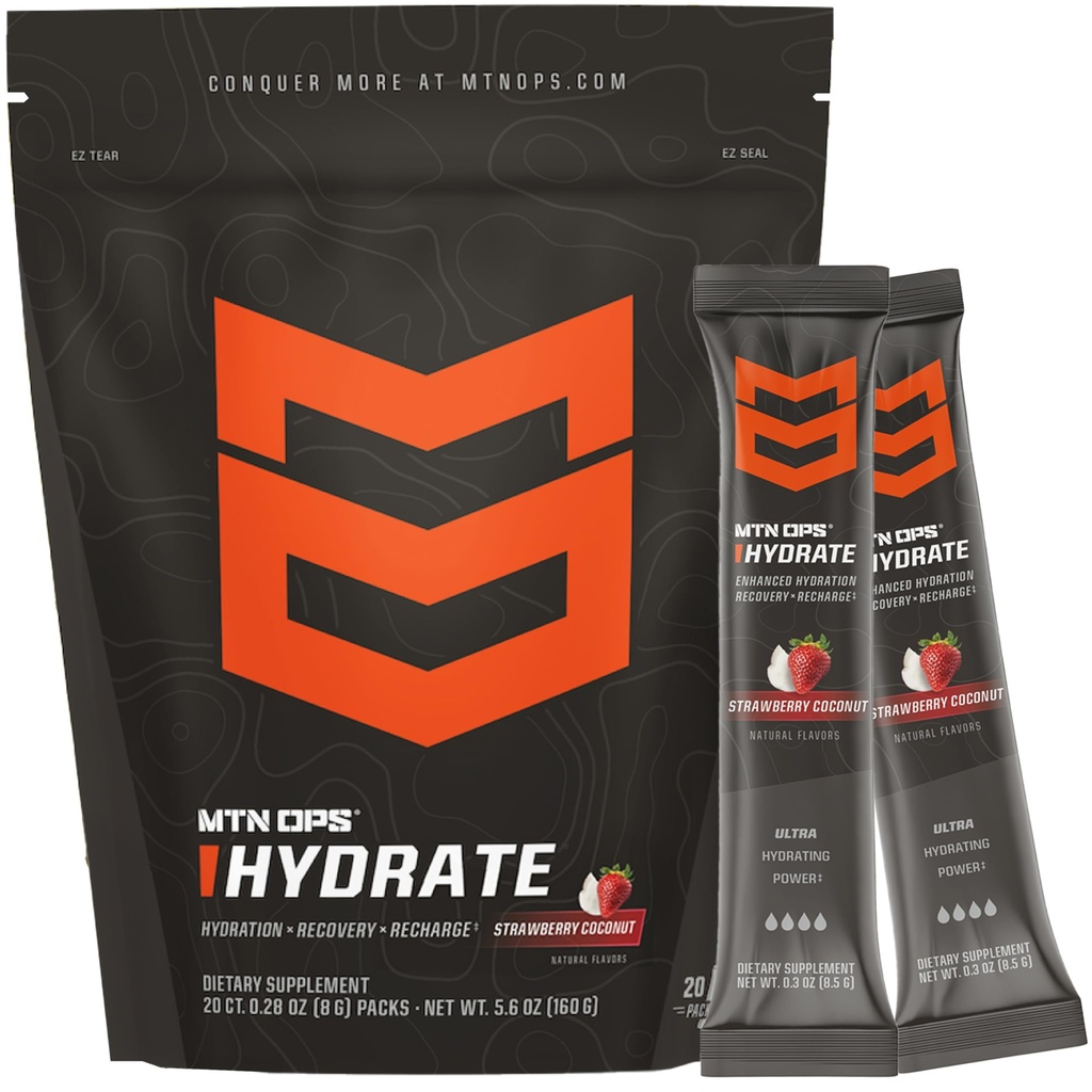MTN OPS Hydrate Electrolytes Powder Drink Mix, 20 Single Serving On-The-Go Electrolyte Packs with Over 1000mg of Electrolytes per Serving, Strawberry Coconut