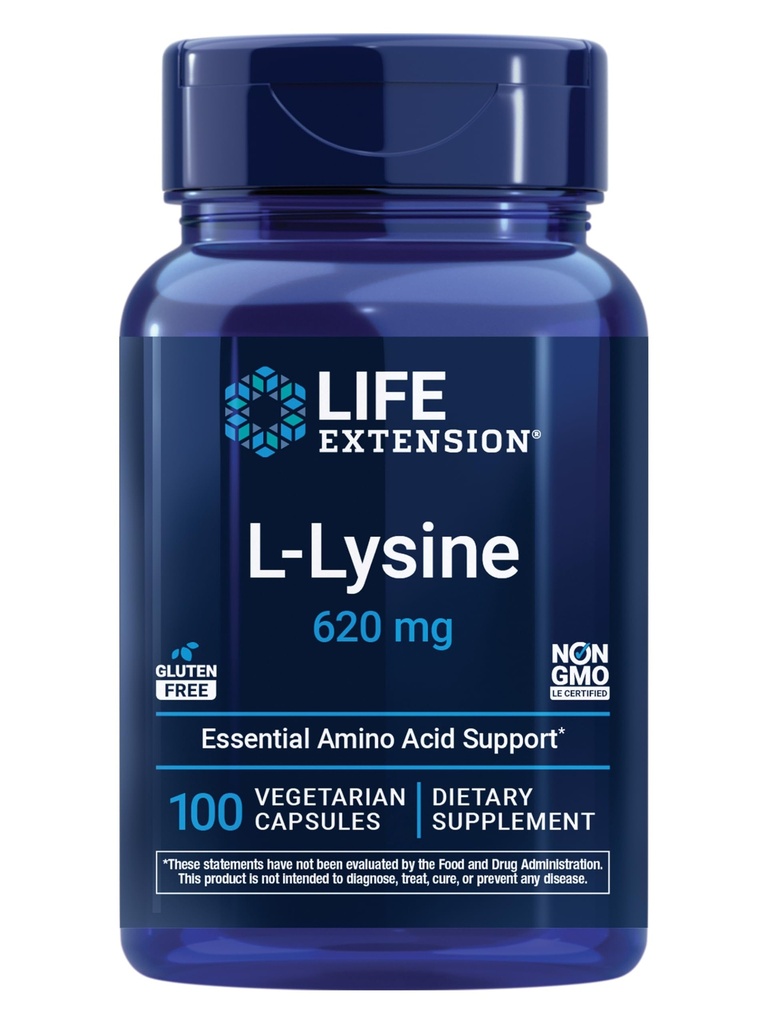 Extensión de vida L-Lysine, 620 mg, Aminoácidos esenciales para el equilibrio de nitrógeno saludable, metabolismo de calcio, respuesta de estrés " Más, libre de gluten, no GMO, vegetariano, 100 cápsulas