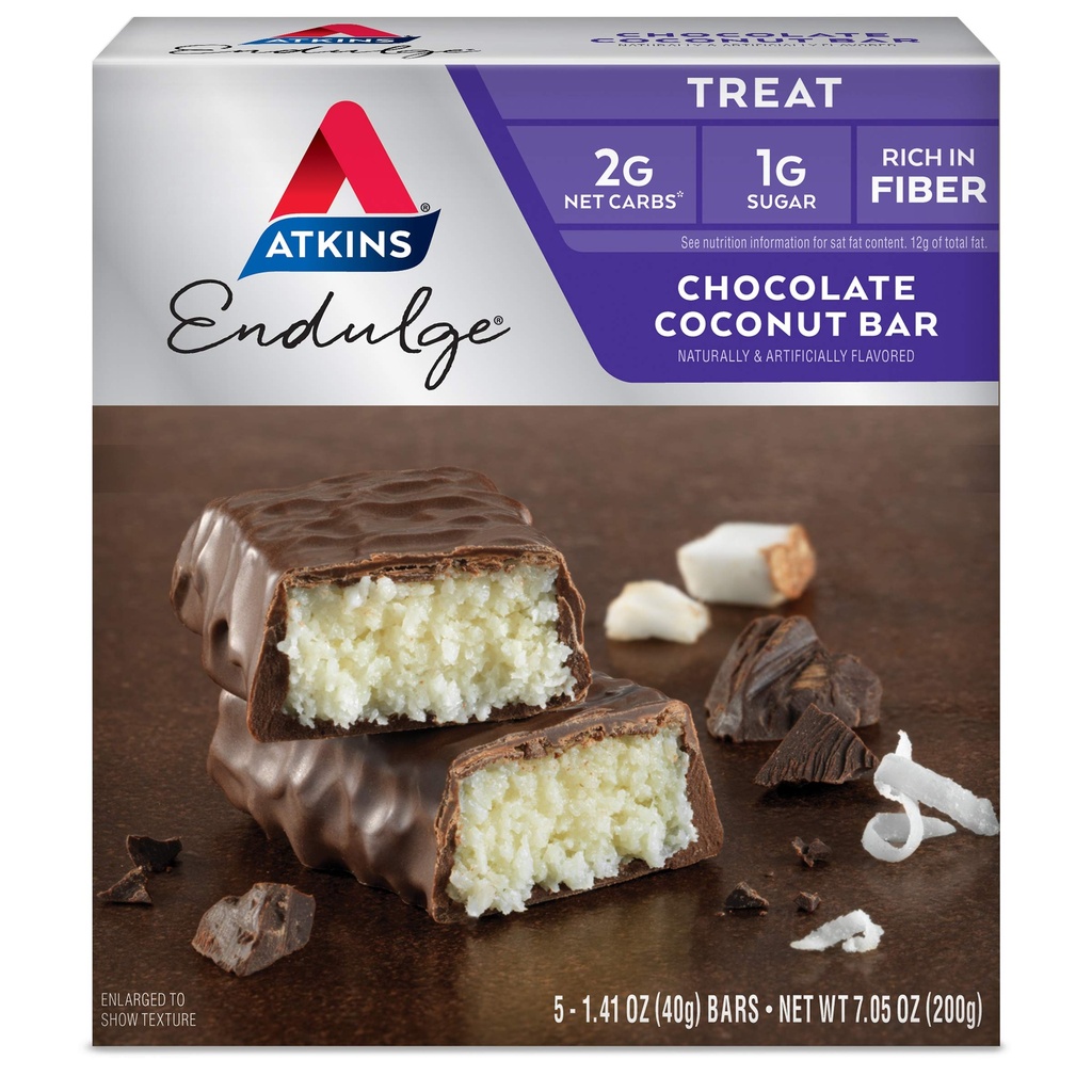 Atkins Endulge Chocolate Coconut Bar, Postre Favorito, Alto en Fiber, 1g Azúcar, 5 Cuenta