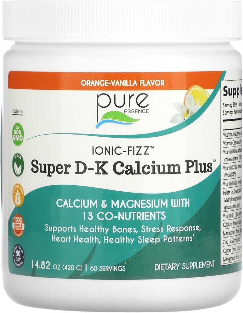 Ionic Fizz Super D-K Calcium Plus por Esencia Pura - con Magnesio Extra, Vitamina D3, Vitamina K2 - Orange Vanilla - 14.82oz