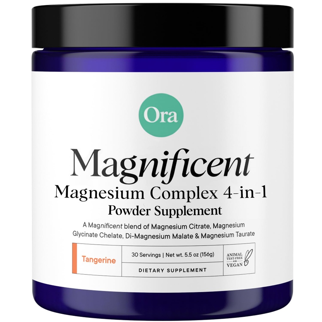 Ora Organic Magnesium Complex Powder Supplement - 4-in-1 Magnesium: Glycinate, Taurate, Malate & Citrate TEN Vegan, Gluten-Free ← Tangerine Flavor Silencioso Soporte para el sueño, estrés y músculos