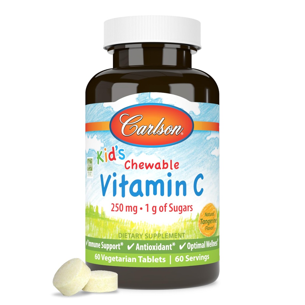 Carlson - Vitamina Chewable para Niños C, 250 mg, 1 g de Azúcares, Apoyo Inmunitario " Wellness Optimal, Antioxidante, Tangerina, 60 Tabletas Vegetarianas