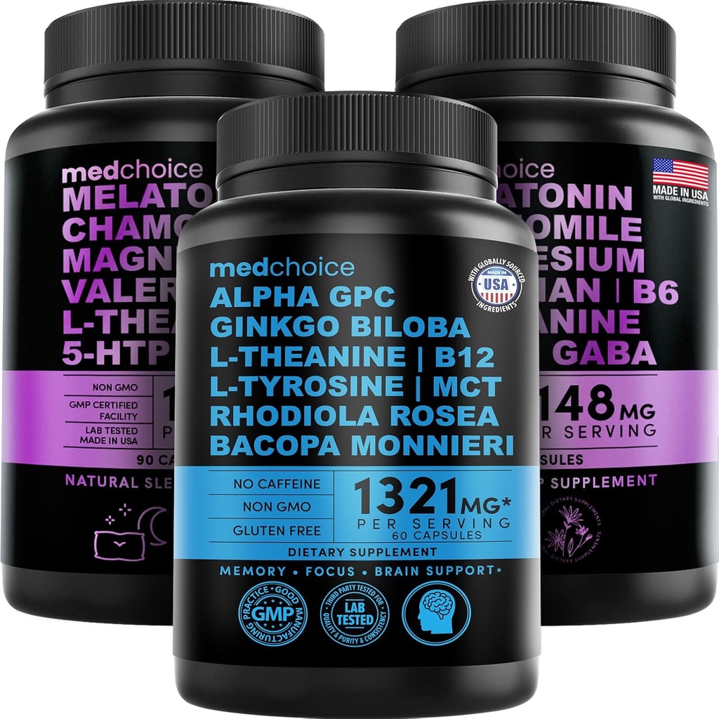 MEDCHOICE Melatonina del sueño (180ct) y cerebro nootrópico (60ct) Suplemento Bundle - Wellness Duo for Sleep, Brain, Focus, & Mood Support - Vegan, Non-GMO, Gluten-Free