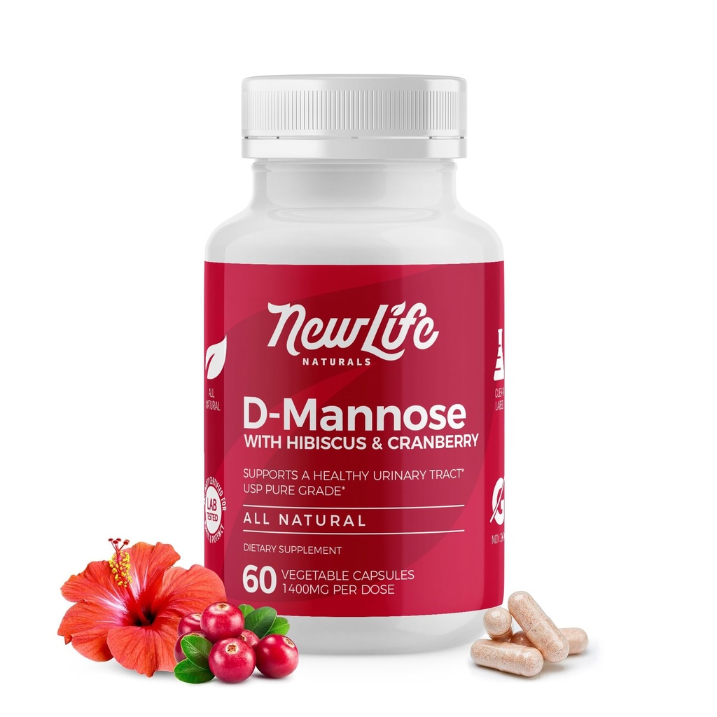 NewLife Naturals D-Mannose Capsules ¦ w/Cranberry and Hibiscus Extracts ← Natural Urinary Tract Health Supplement  1400mg Pure Veggie Powder ← 60 Veggie Capsules