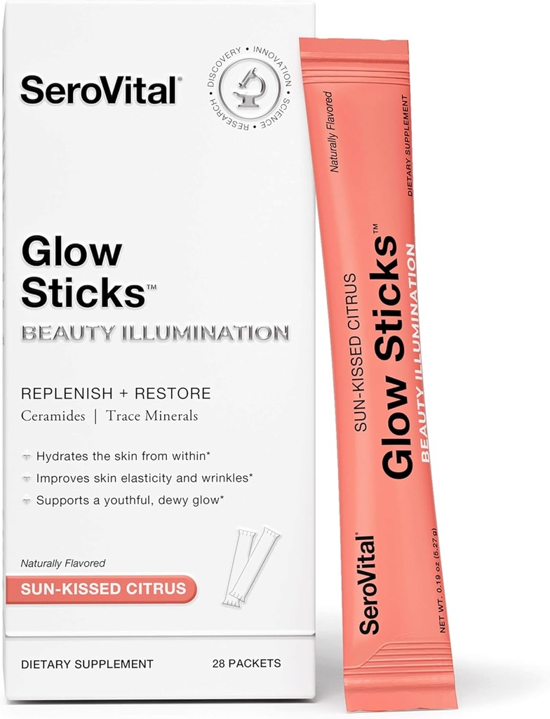 Serovital Glow Sticks Mezcla libre de azúcar con ceramidas de ácido hialurónico Electrolitos para hidratación de la piel en 14 días Sun-Kissed Citrus Flavor 28 Packets